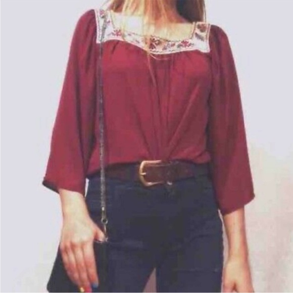 Flying Tomato 3/4 Length Sleeve Navy Blue Embroidered Boho Chic Blouse Sz L - Picture 8 of 10